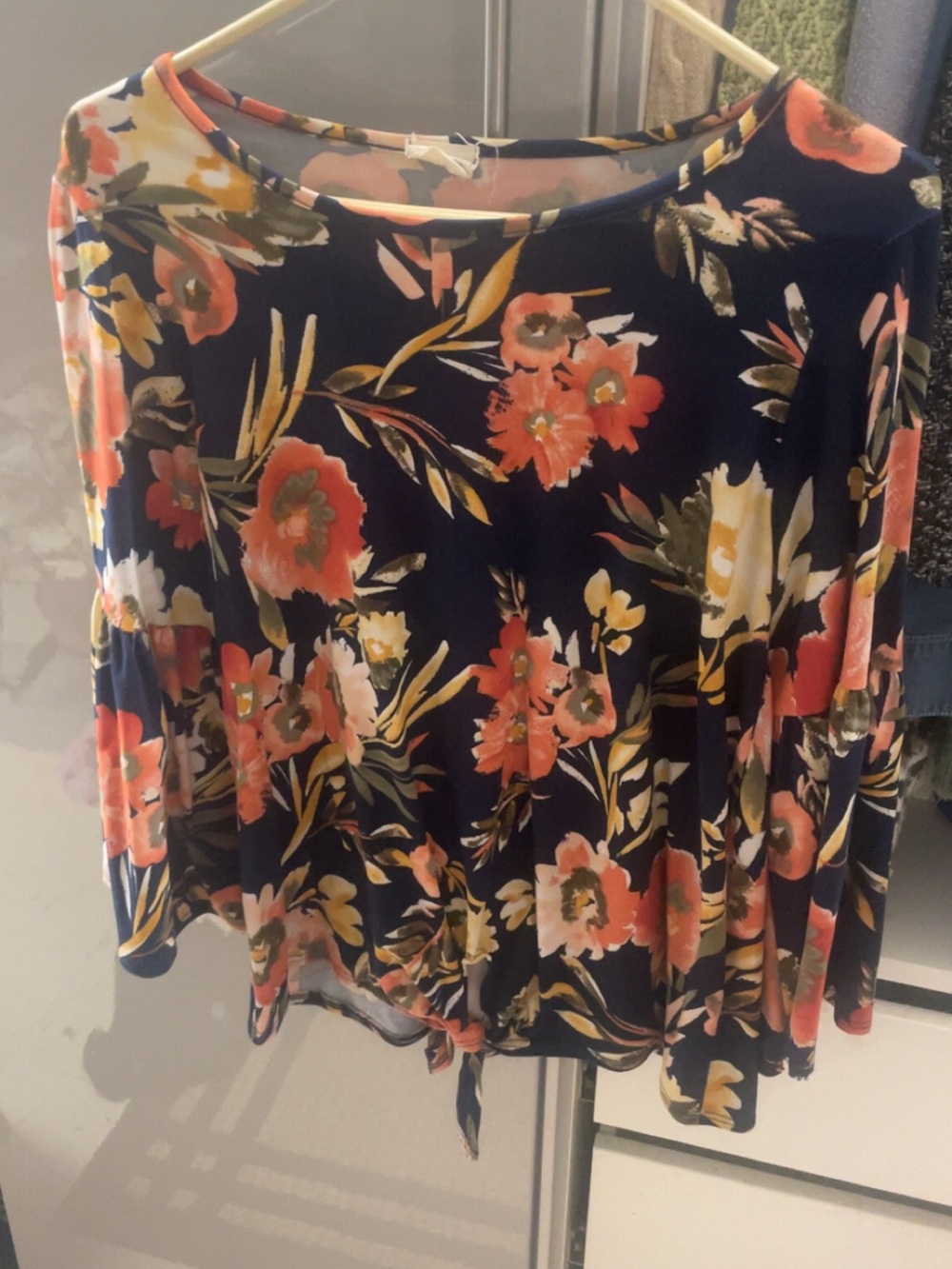 Caution To The Wind Navy Floral Tie-Hem Blouse with Coral and Cream Blooms